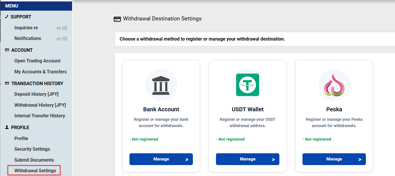Withdrawal Settings screen showing USDT Wallet registration